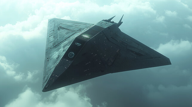 Futuristic stealth aircraft flying above the clouds in a mysterious sky with advanced technology and innovative design features