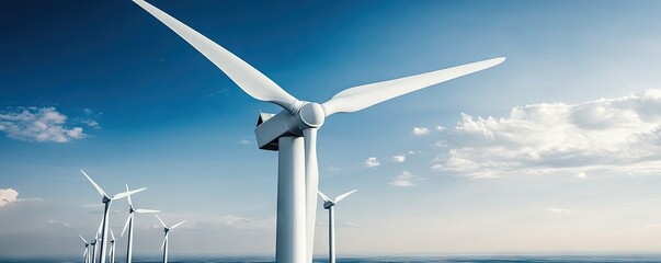 Wind turbines against a blue sky, showcasing renewable energy technology.