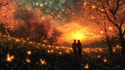 Fototapeta premium A magical 3D landscape featuring a couple walking through a serene field of cherry blossoms, surrounded by glowing fireflies and a radiant sunset sky