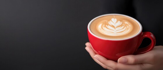 A person is holding a red coffee cup with a white heart design on it