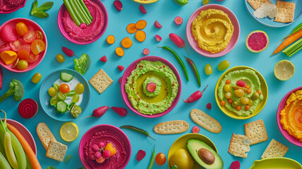 A delicious spread of plant-based dips, such as guacamole, beetroot hummus, and cashew cream, with fresh veggie sticks and gluten-free crackers for a vibrant, healthy snack.