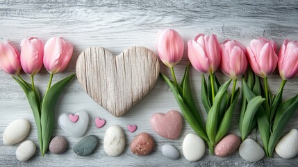 Colorful tulips and heart-shaped decorations create a charming display for spring celebrations