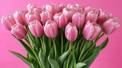 Fototapeta premium Bright pink tulips arranged in a bouquet against a vibrant pink background celebrating spring and floral beauty