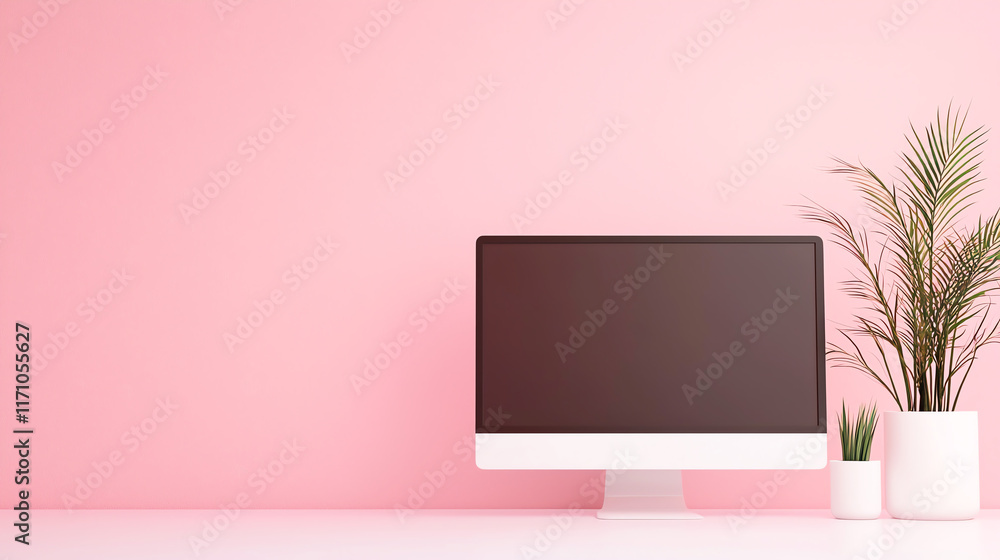 Poster modern computer setup with plants on pink background, creating fresh atmosphere