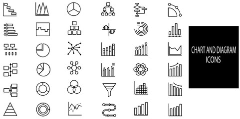 Chart and diagram simple concept 36 icons set. Contains such Graph, finance report, income growth, economy statistic, diagram, infographic, mind map .Vector illustration.
