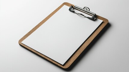Blank paper on wooden clipboard on white desk.