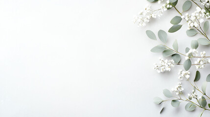 Fresh eucalyptus leaves and white flowers on light background