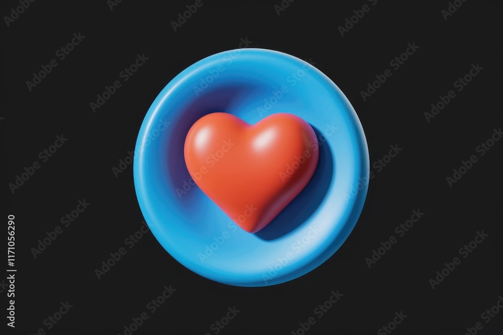 Poster a 3d rendered image of a coral heart nestled in a vibrant blue circular container, against a dark ba
