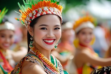 Fototapeta premium A group of colorfully dressed dancers performing in a vibrant street parade showcasing the traditional costumes headdresses