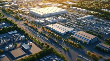 Fototapeta premium Aerial view of a large industrial complex at sunset.