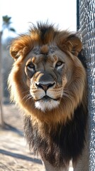 Fototapeta premium A close-up of a lion with a majestic mane, showcasing its powerful presence.