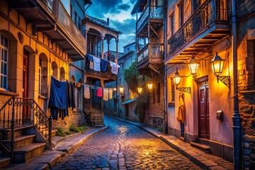 Fototapeta premium Old Tbilisi Night Street Scene: Atmospheric Low Light Photography