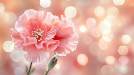 Fototapeta premium Delicate pink carnation blooms against a soft pastel background with shimmering bokeh effect during springtime