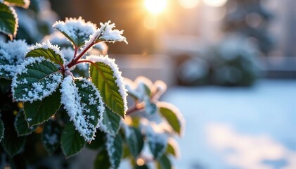 Frosty morning in the garden with snow covering leaves, leaves, winter, snow