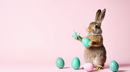 Cute rabbit holding pastel egg surrounded by colorful eggs against a pink background during Easter celebration