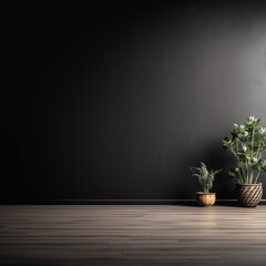 Dark Grey Wall Wooden Floor Plants in Pots