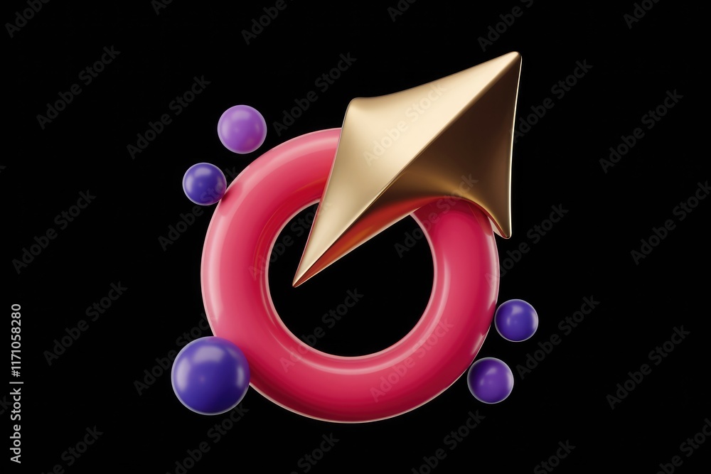 Aufkleber abstract 3d rendering of a gold arrow piercing a pink ring surrounded by purple spheres on a transpa