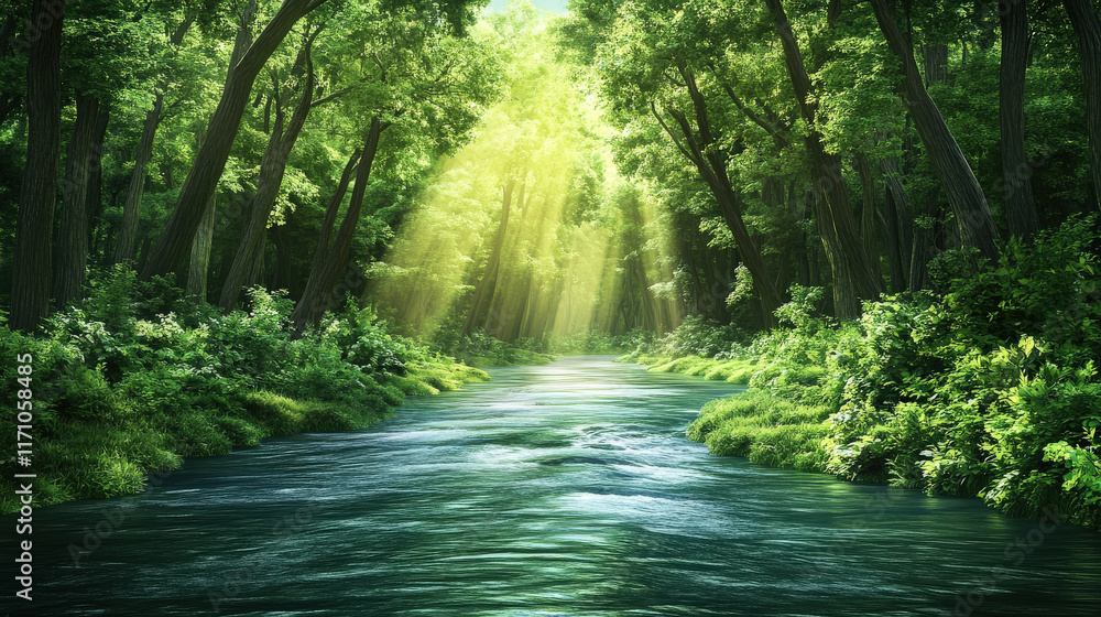 Poster serene river flowing gently through lush green forest, illuminated by soft sunlight filtering throug