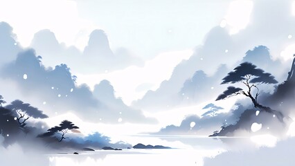 Serene misty mountain landscape with lake and trees.