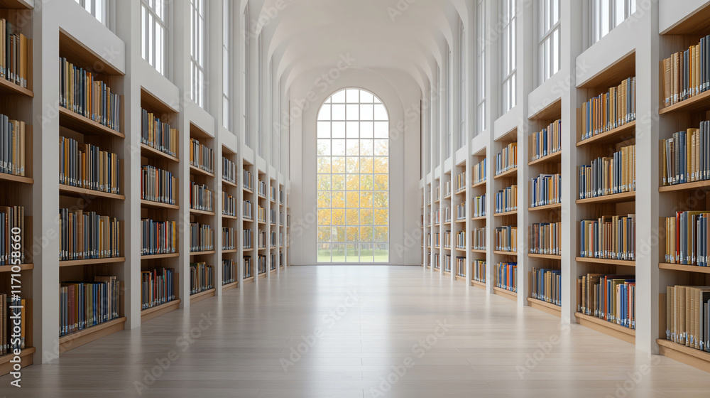 Poster spacious library hall with natural light filtering through large windows