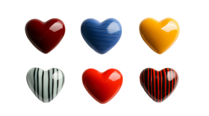 Set of colorful hearts with striped pattern isolated on transparent background, Valentines day love romantic decoration