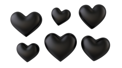 Set of solid black hearts in different sizes isolated on transparent background, Valentines day love romantic decoration