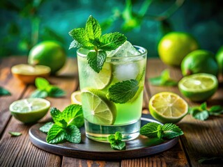 Fototapeta premium Crisp lime and mint unite in this refreshing iced mocktail; perfect summer photography.