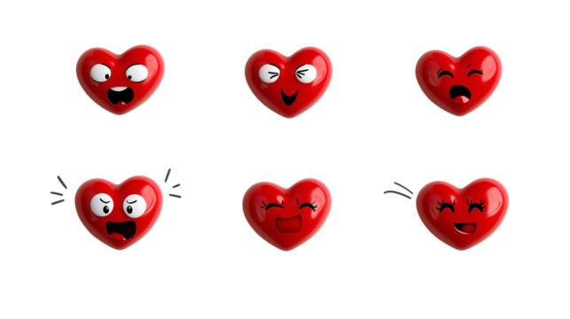Set of doodle hearts with playful facial expressions isolated on transparent background, Valentines day love romantic decoration