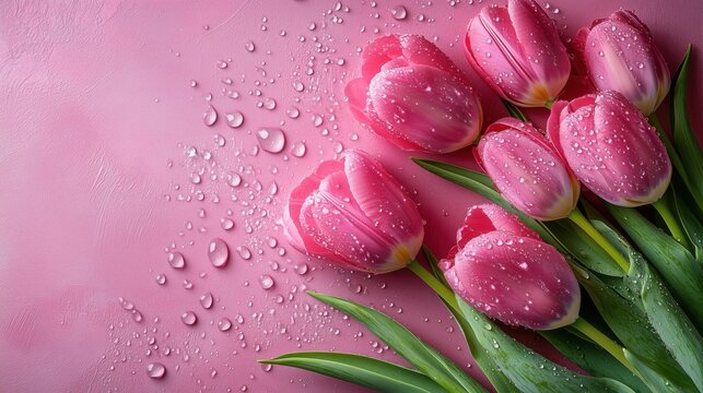 Beautiful pink tulips with dew resting on a pink background during springtime