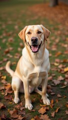 A cheerful golden Labrador retriever sits proudly on a carpet of vibrant autumn leaves, exuding joy and warmth. The dogs bright eyes and wide smile capture the essence of happiness, making it a