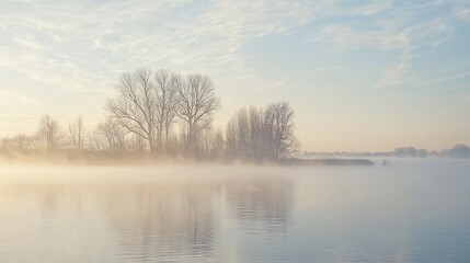 Fototapeta premium Misty sunrise over calm river, bare trees on island.