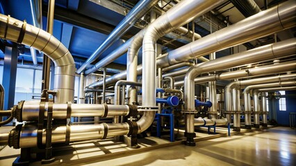 Raw industrial factory interior, with exposed metal pipes, gritty floors, and harsh lighting.