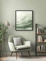 A cozy corner featuring a chair, lamp, and shelf with a nature-inspired artwork.