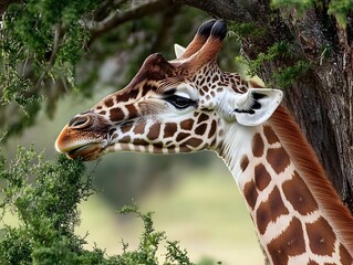 Fototapeta premium A gentle giraffe stretching its neck through a tree