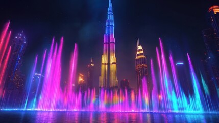 Illuminated skyscraper with vibrant fountain show at night.