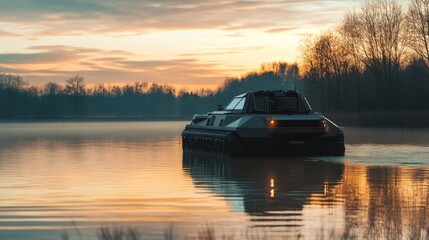 Amphibious vehicle on calm lake at sunset.