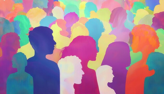 Vivid Multicolored Human Silhouettes in Overlapping Layers Depicting Diversity, Inclusion, Creativity, and Unity in Modern Design Art