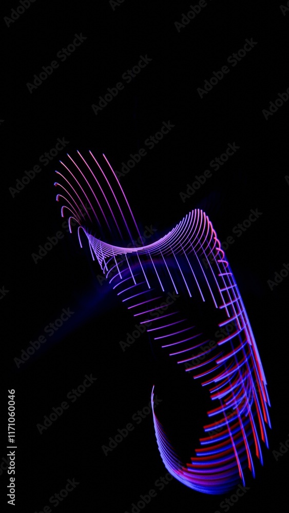 Poster Abstract Neon Light Flow with Purple and Red Lines on Black Background
