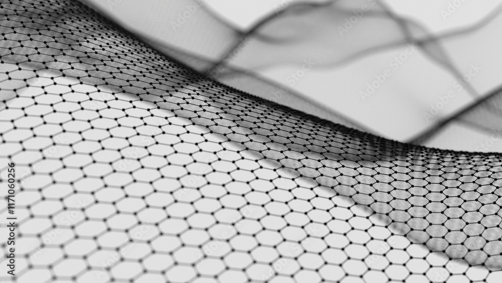 Poster Hexagonal Mesh Pattern with Flowing Abstract Waves in Black and White