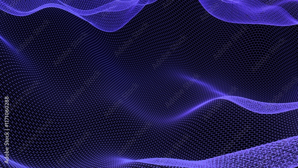 Poster hexagonal grid with flowing blue abstract mesh on black background