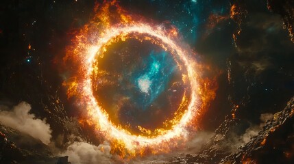 Fototapeta premium A dynamic glowing bridge of vibrant colors connecting two cosmic landscapes, symbolizing unity and transition