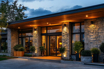 Luxury residential entrance with illuminated stone walls and wooden ceiling at dusk. Premium building exterior with spotlights and glass doors. Elegant secured property