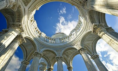 Circular Marble Rotunda with Corinthian Columns under a Blue Sky - Powered by Adobe