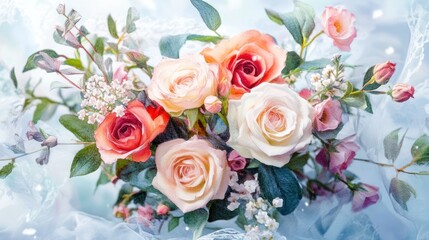 Obraz premium Delicate bouquet of roses and small flowers, soft pastel colors, romantic and elegant floral arrangement.