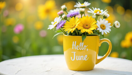 Yellow mug with inscription "Hello, June"on  table covered with a white tablecloth in a blooming garden. Bouquet of cornflowers and daisies in mug. Social media post. Typography, postcard, calendar