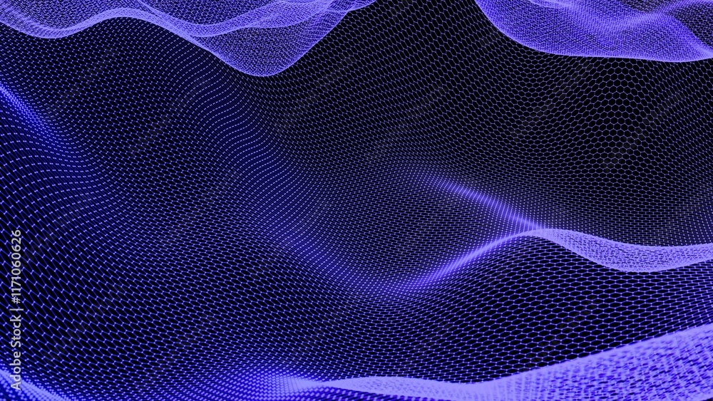 Poster hexagonal grid with flowing blue abstract mesh on black background