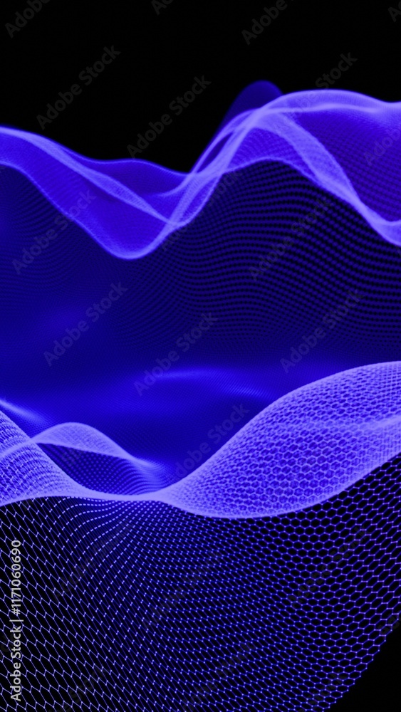 Poster hexagonal grid with flowing blue abstract mesh on black background