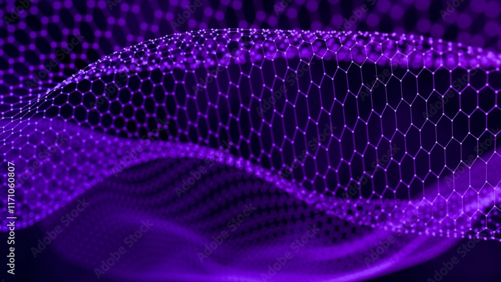Poster Hexagonal Grid with Flowing Blue Abstract Mesh on Black Background