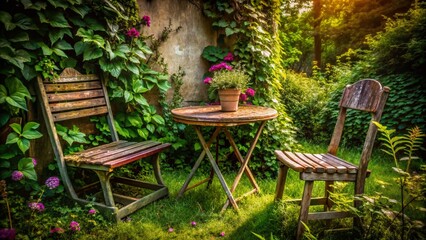 Obraz premium Overgrown Garden Furniture: Rustic Abandoned Patio Set in Lush Greenery