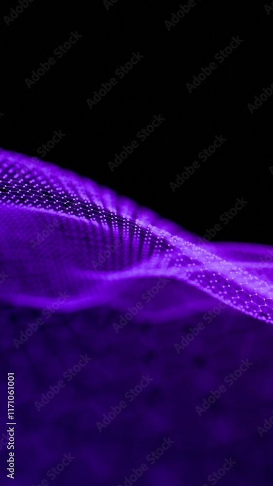 Poster hexagonal grid with flowing blue abstract mesh on black background